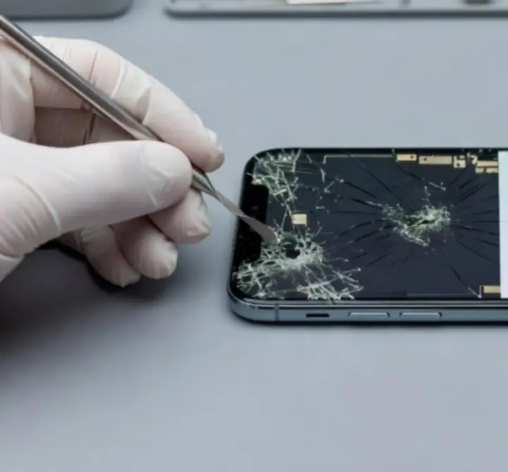 Phone with cracked and damaged screen before repair