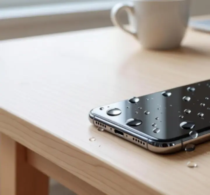 Smartphone affected by water damage on a wet surface